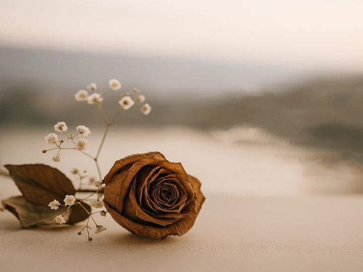 Rosa seca con adornos blancos sobre arena, enfocada nítidamente con fondo desenfocado.